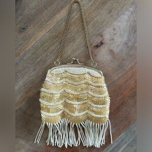 Banana Republic Small Gold Yellow White Sequin & Beaded Fringe Evening Bag Purse
